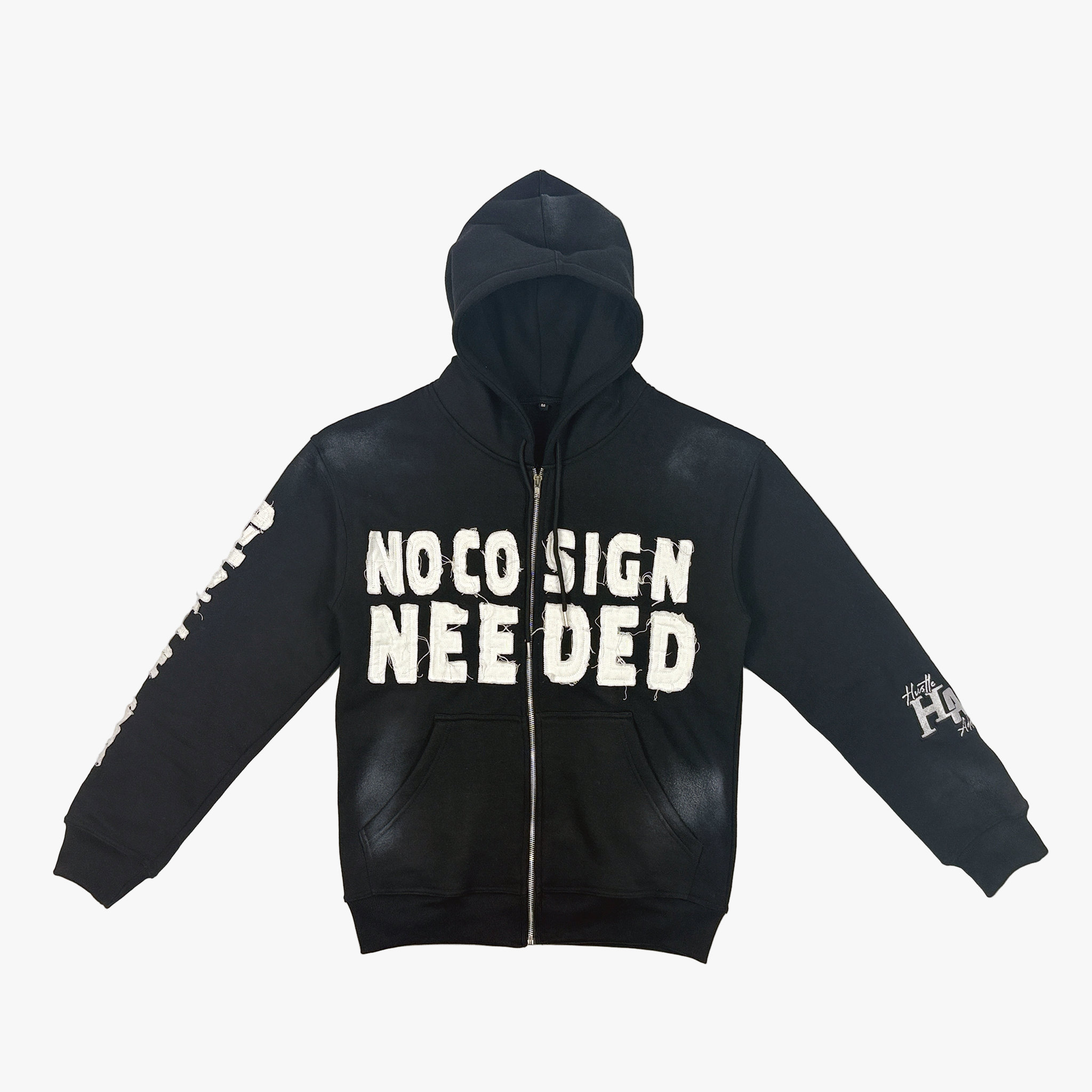 Black zip up fleece jacket with distressed stitching "No Co-Sign Needed" white text