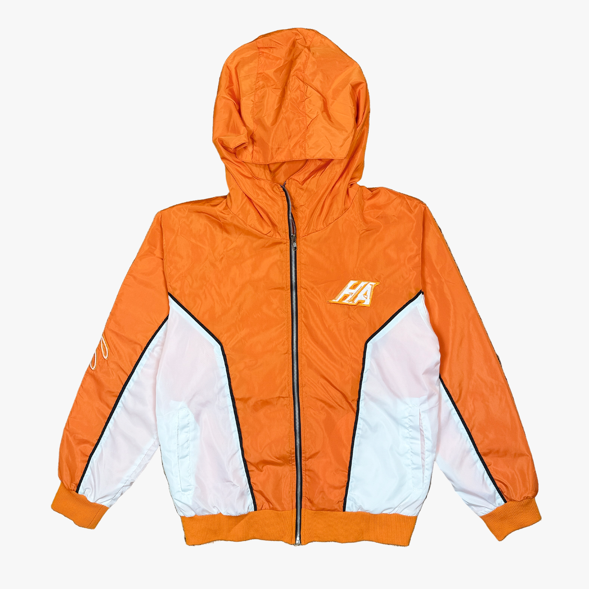 Orange and white windbreaker jacket with Hustle Addix logo on chest and brick by brick logo on the sleeve.