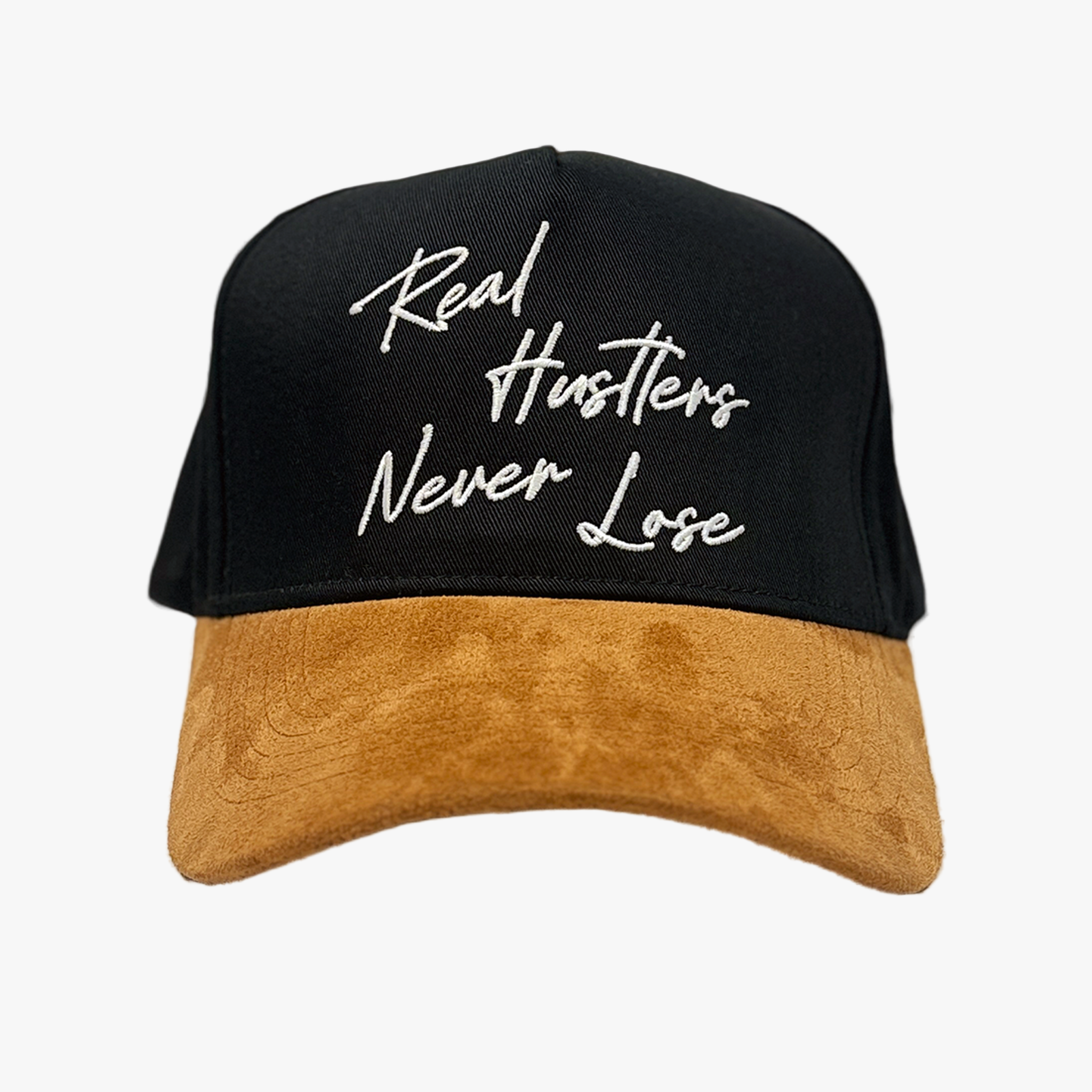 Black and brown snapback with 'Real Hustlers Never Lose' text on a white background